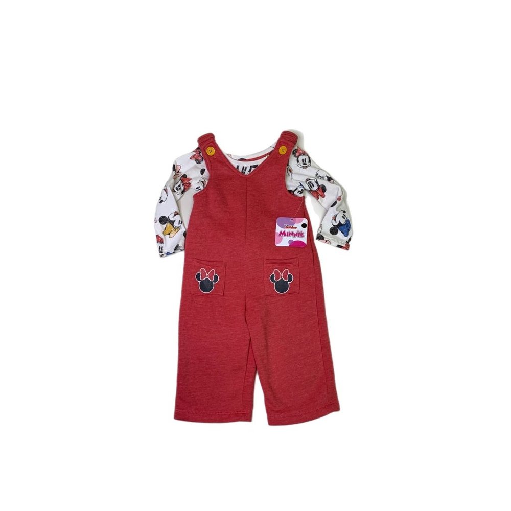 NWT Disney Minnie Mouse Long Sleeve Shirt Red Overalls Romper Set 12M